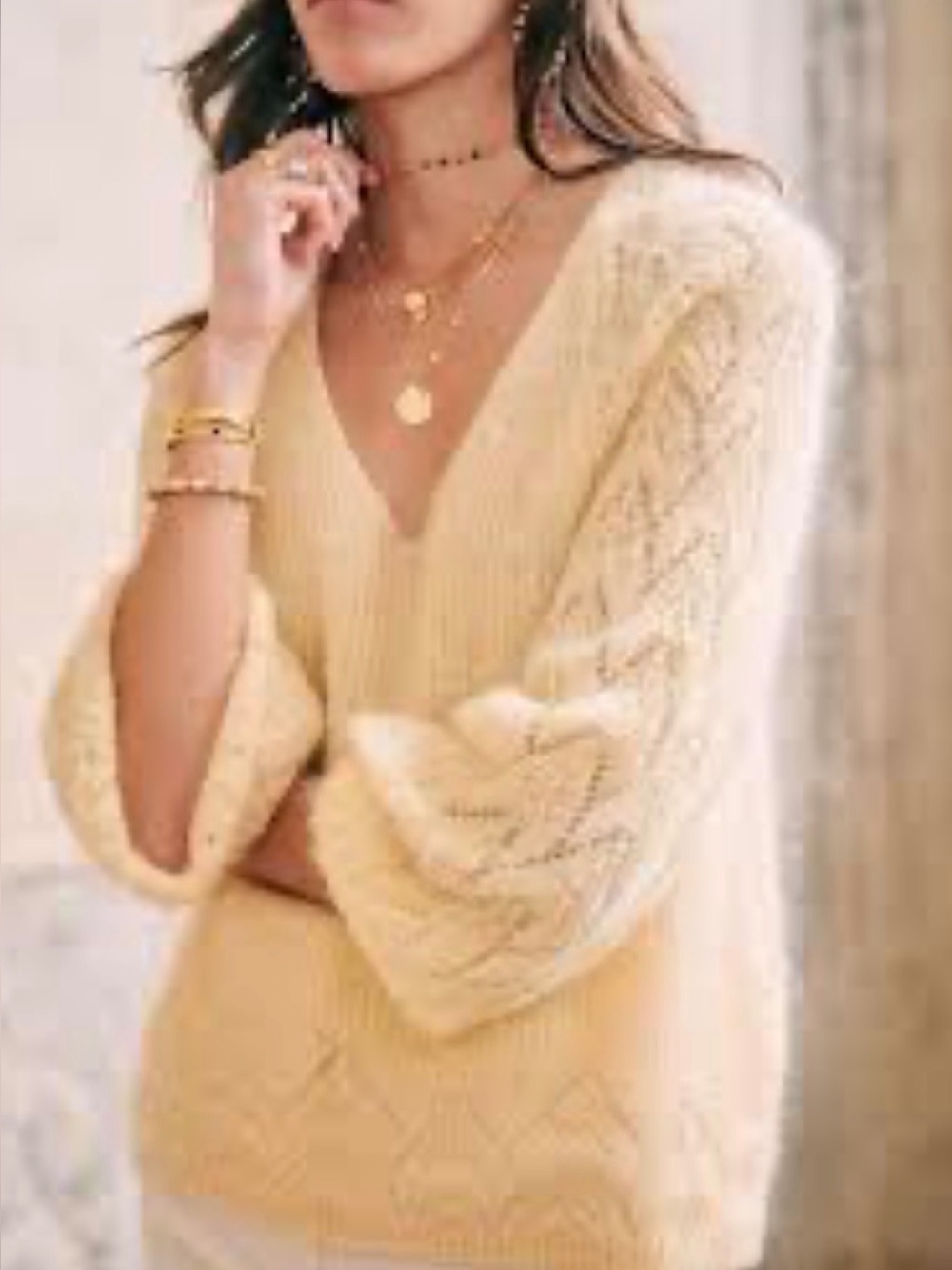 **RARE**ezane butter yellow reversible Sweater with intricate lacework detail
